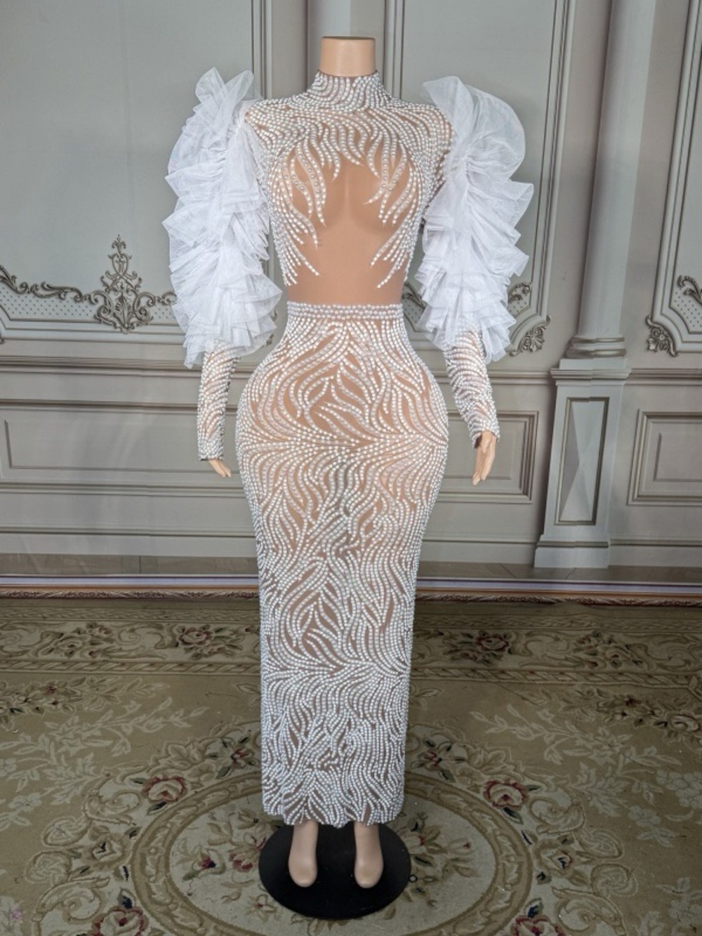 White Embellished Mesh Evening Dress with Ruffle Sleeves